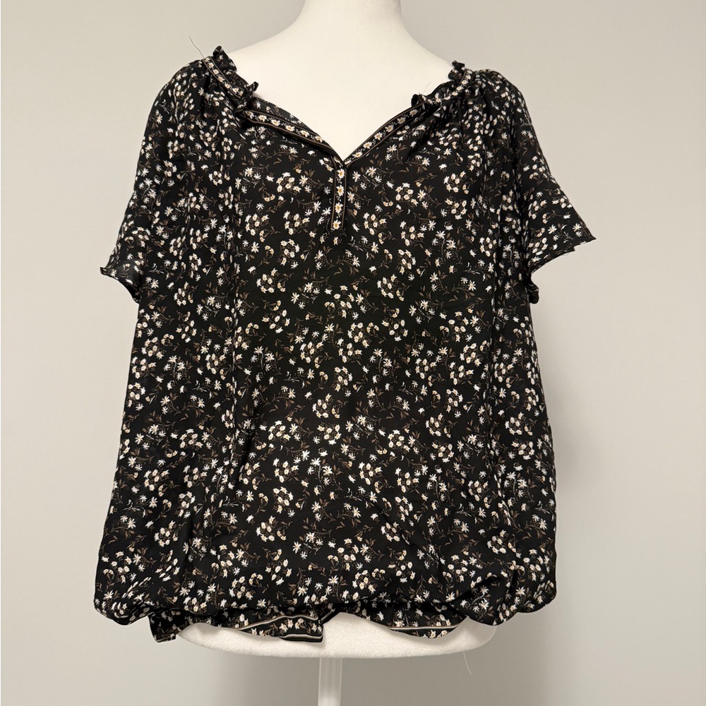 Max Studio Black Brown and White Floral Bubble Blouse